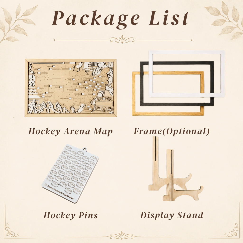 Personalized Hockey Arena Tracker Map with Nameplate – Natural Wood Background