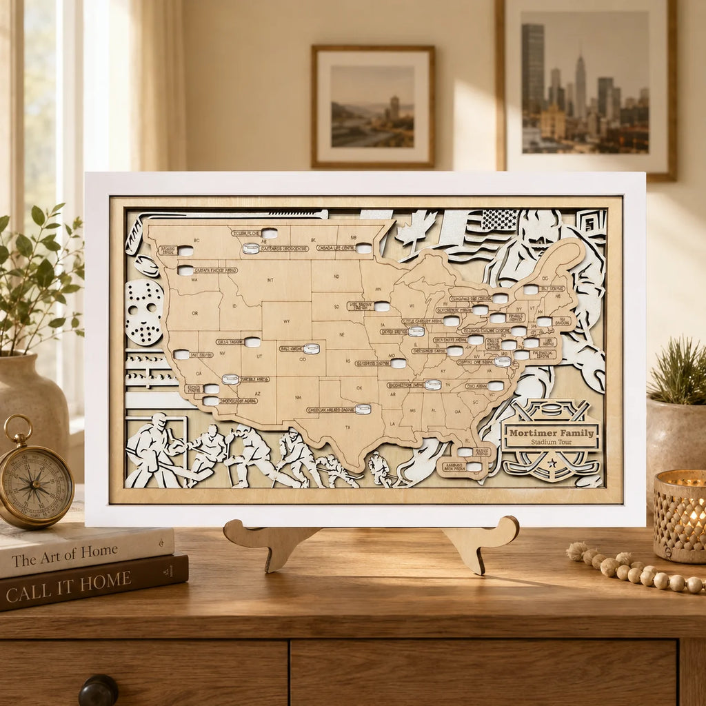 Personalized Hockey Arena Tracker Map with Nameplate – Natural Wood Background
