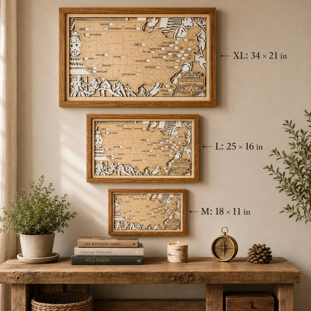 Personalized Hockey Arena Tracker Map with Nameplate – Natural Wood Background