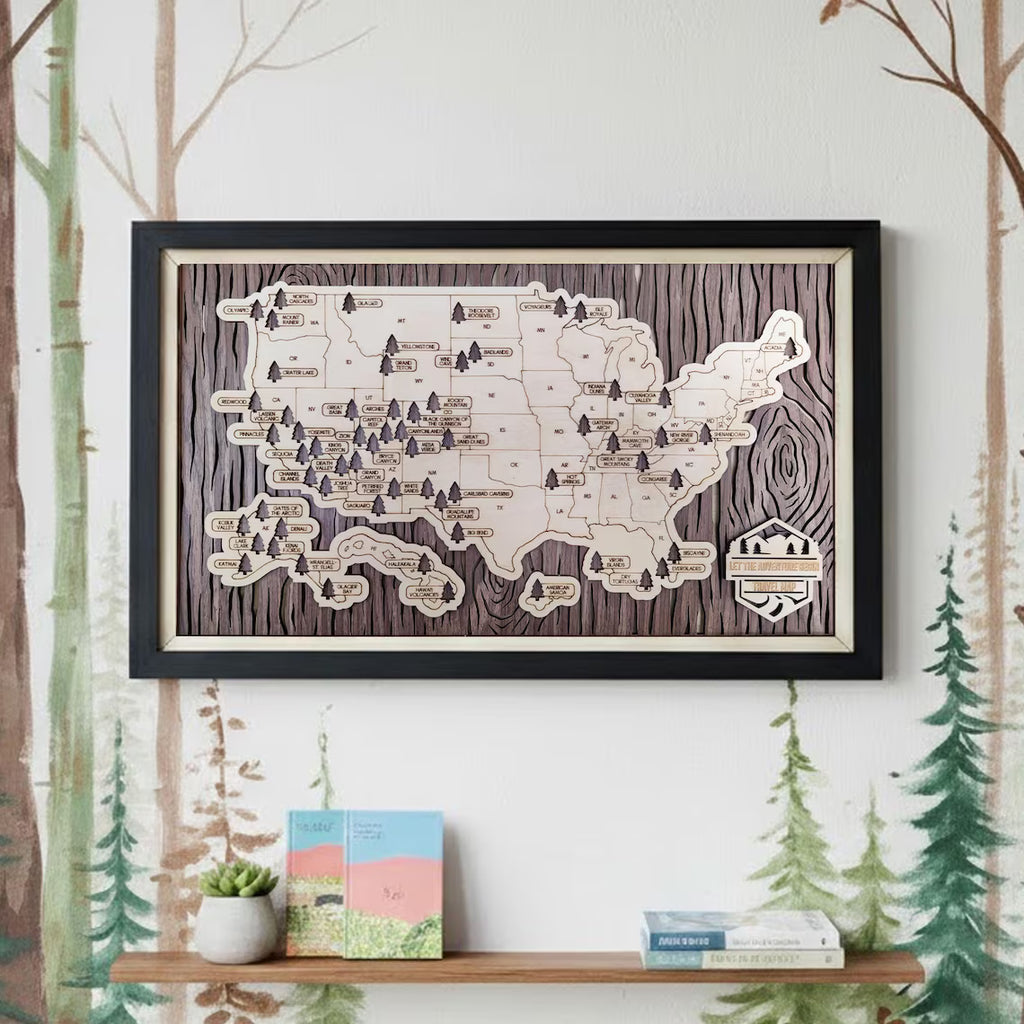 US National Parks Wooden Travel Map & Visit Tracker (Walnut-Tree Texture)