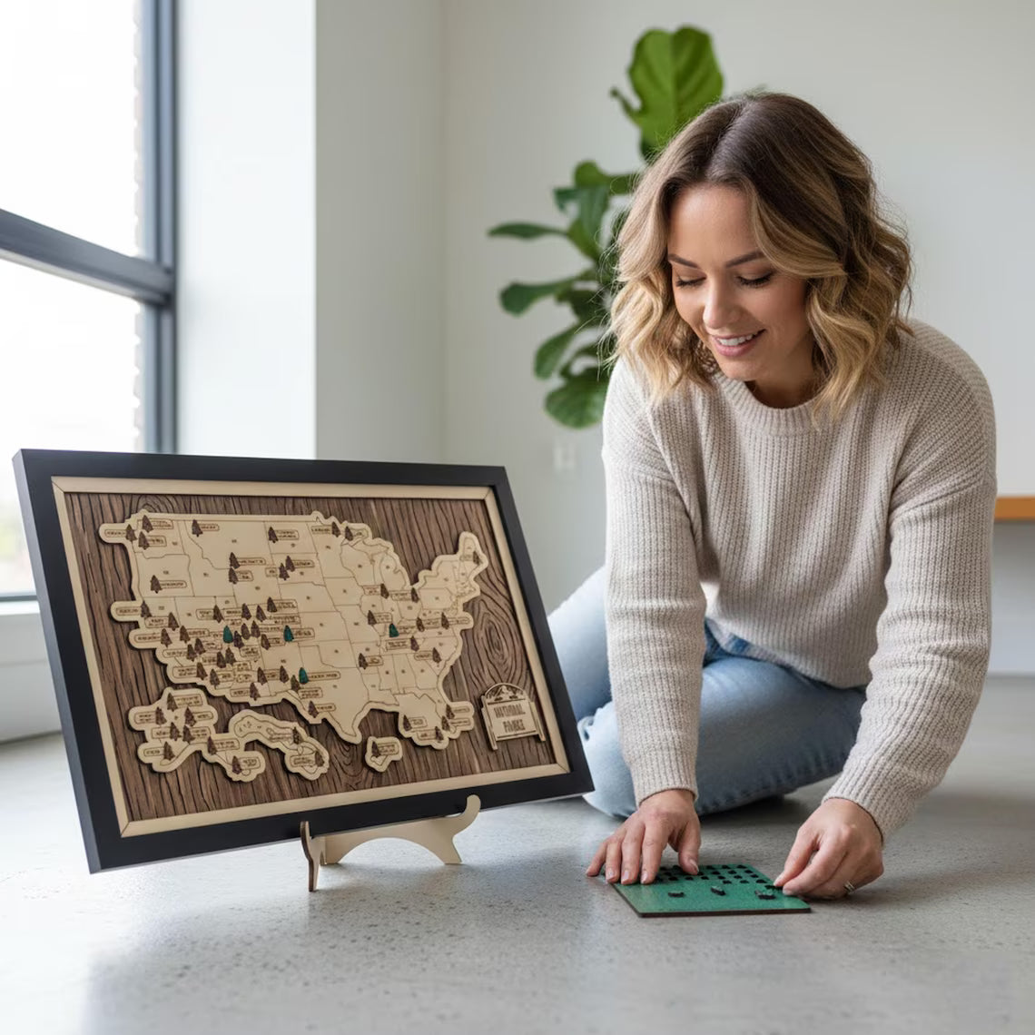 US National Parks Wooden Travel Map & Visit Tracker (Walnut-Tree Texture)