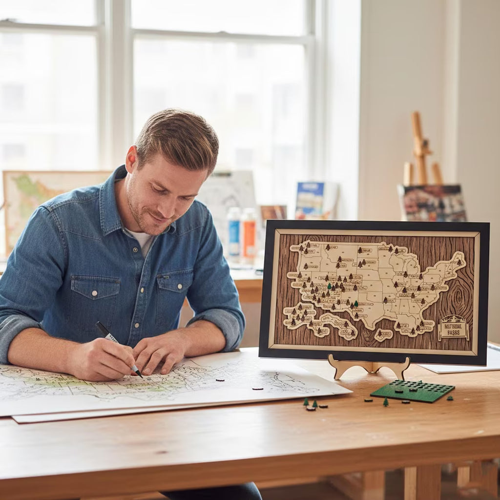 US National Parks Wooden Travel Map & Visit Tracker (Walnut-Tree Texture)