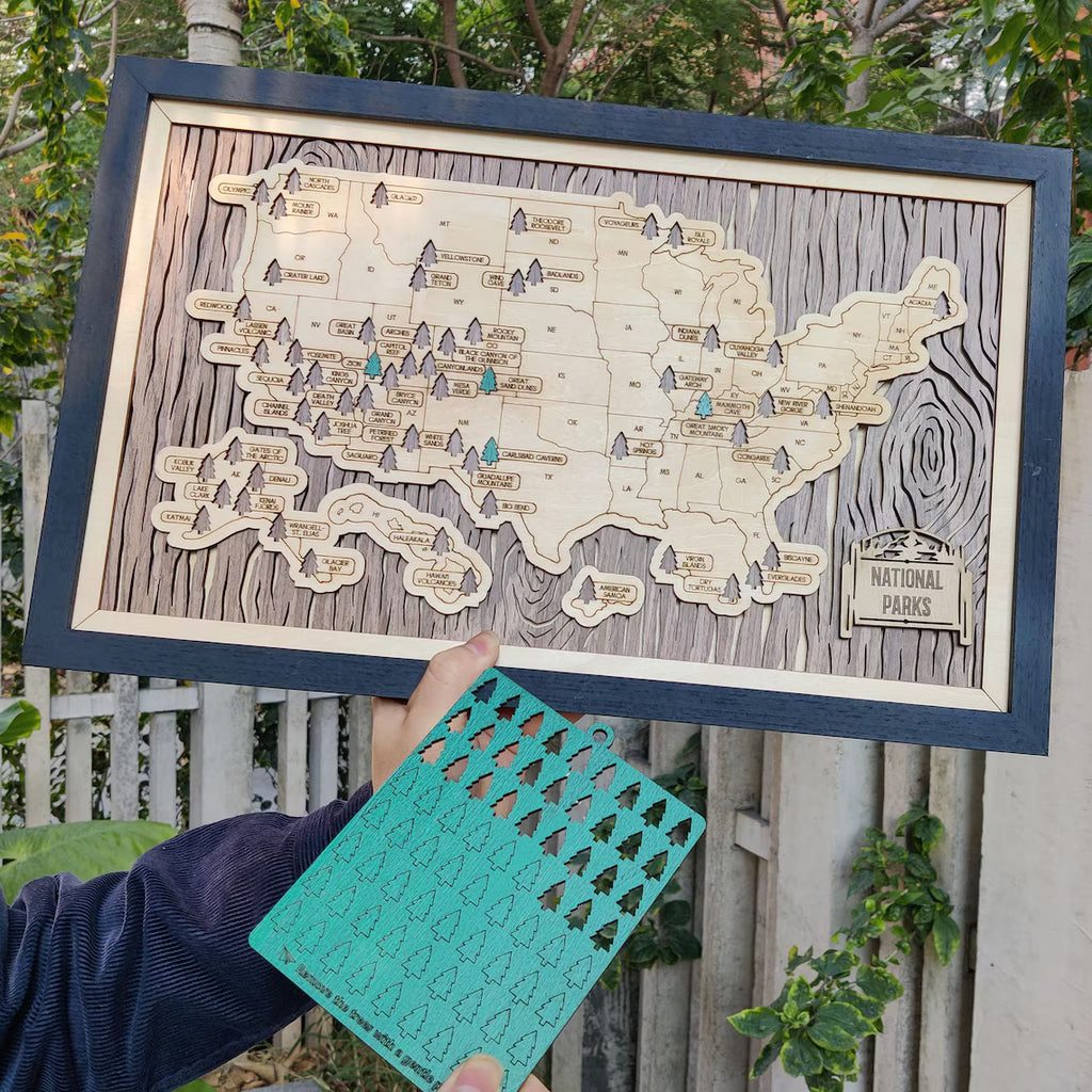 US National Parks Wooden Travel Map & Visit Tracker (Walnut-Tree Texture)