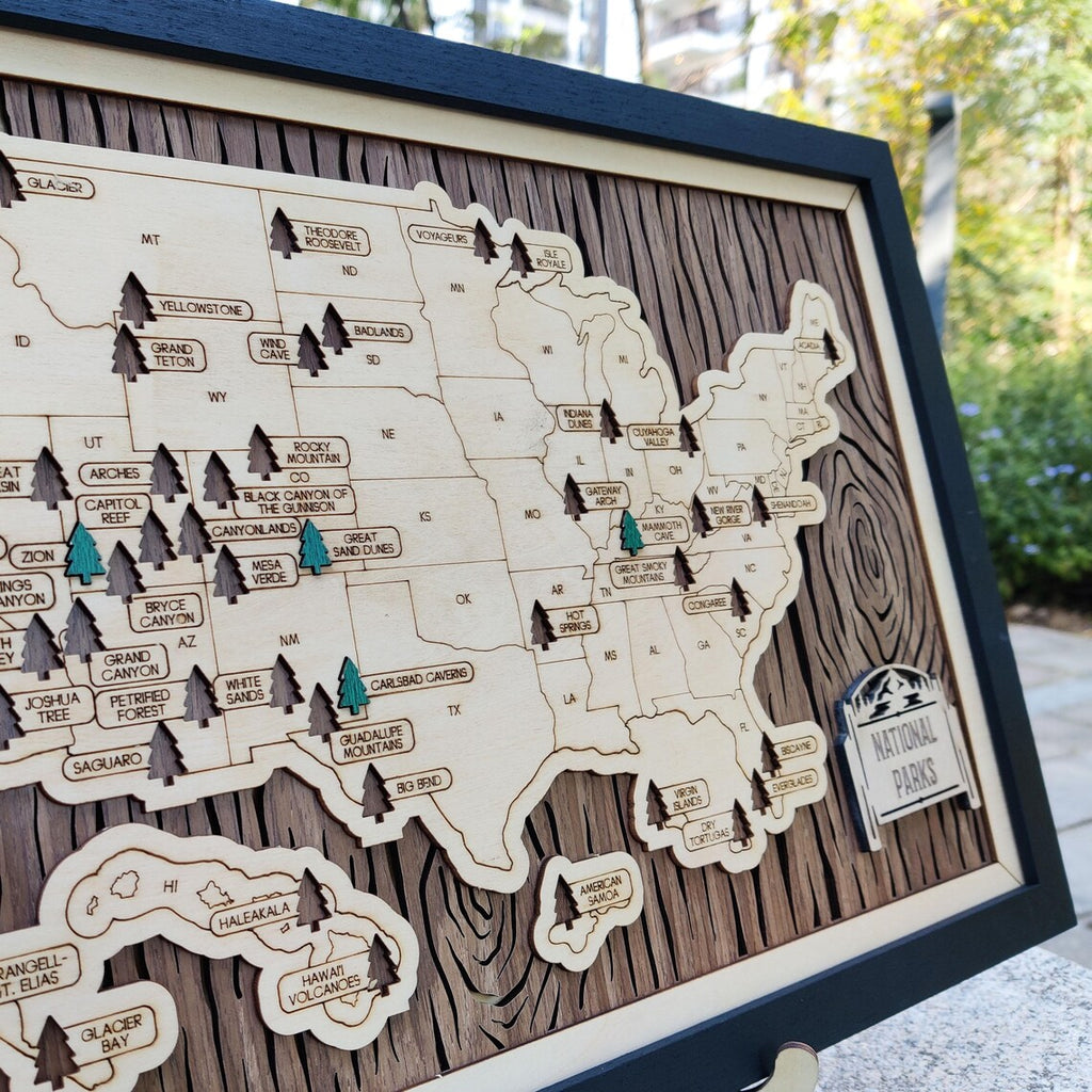 US National Parks Wooden Travel Map & Visit Tracker (Walnut-Tree Texture)