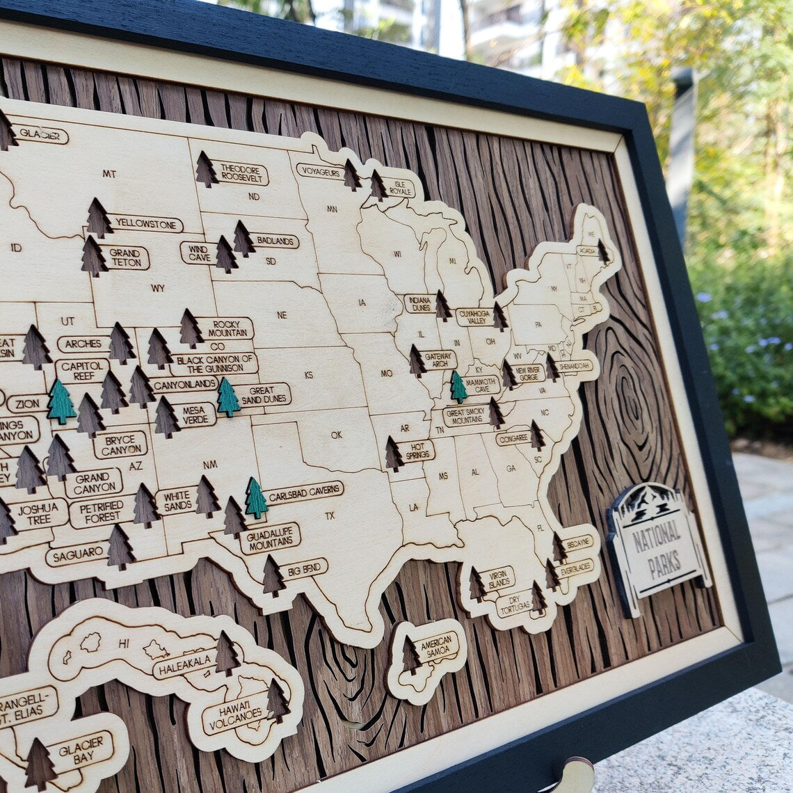 US National Parks Wooden Travel Map & Visit Tracker (Walnut-Tree Texture)