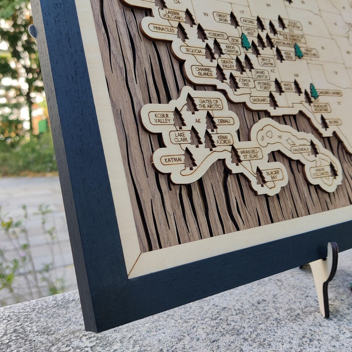 US National Parks Wooden Travel Map & Visit Tracker (Walnut-Tree Texture)