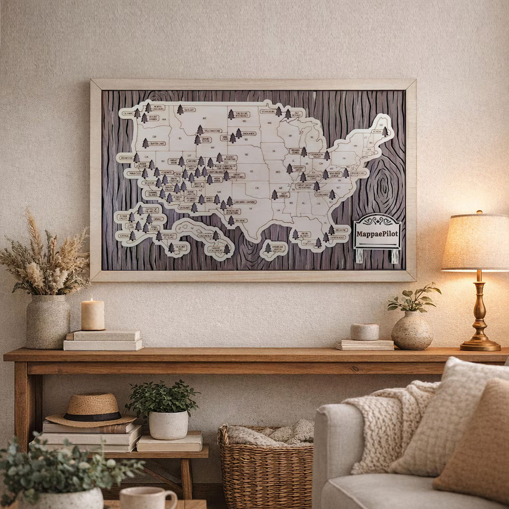 US National Parks Wooden Travel Map & Visit Tracker (Walnut-Tree Texture)