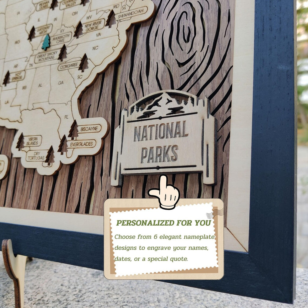 US National Parks Wooden Travel Map & Visit Tracker (Walnut-Tree Texture)