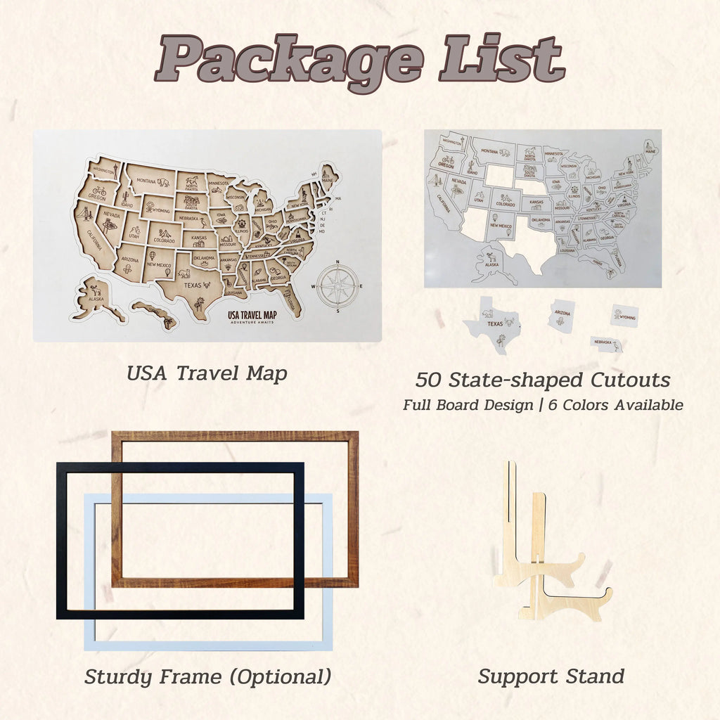 3D Wooden USA Puzzle Map Wall Art - 50 States Push Pin Travel Tracker Board