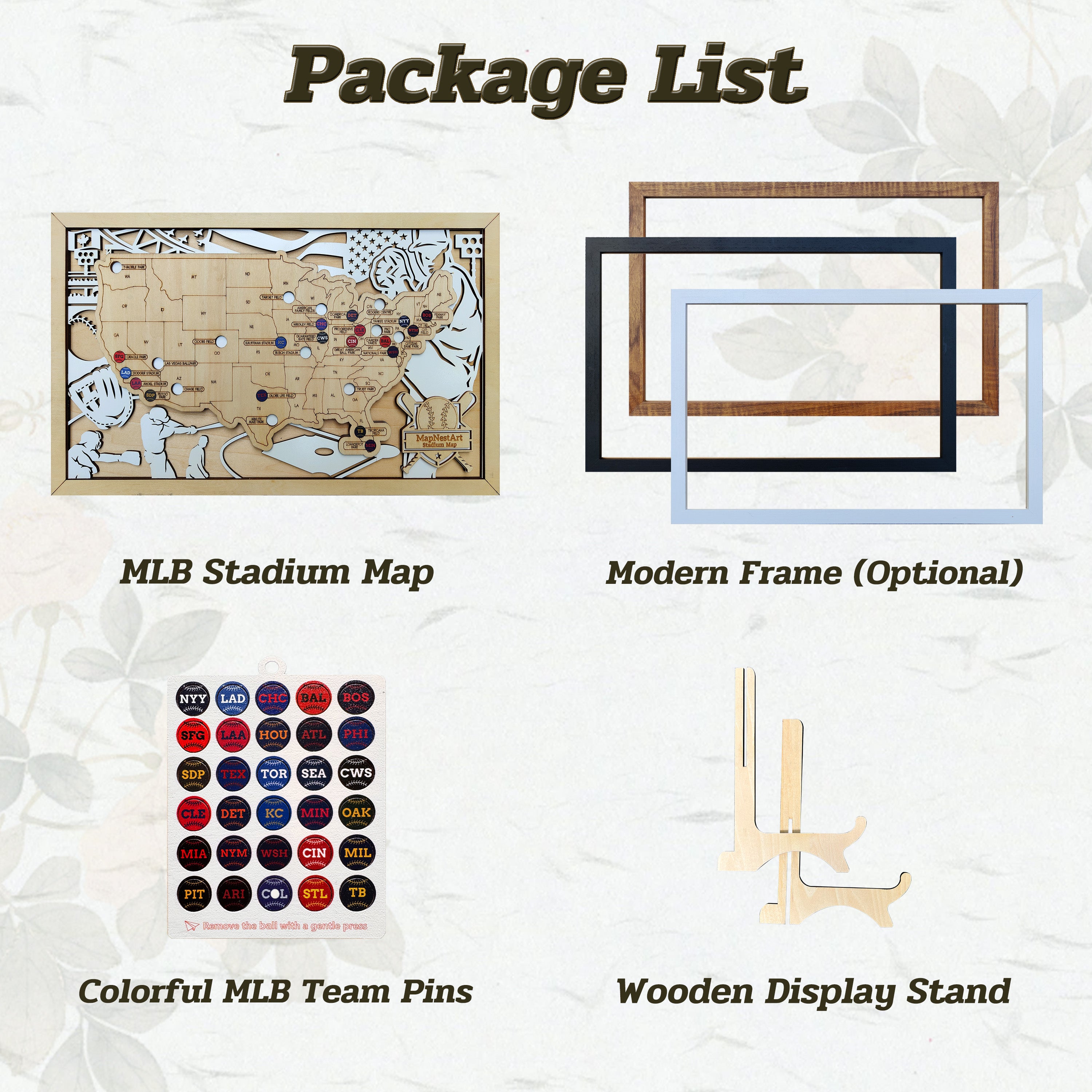 Personalized Wooden MLB Stadium Map with Engraved Nameplate & Colorful Team Pins