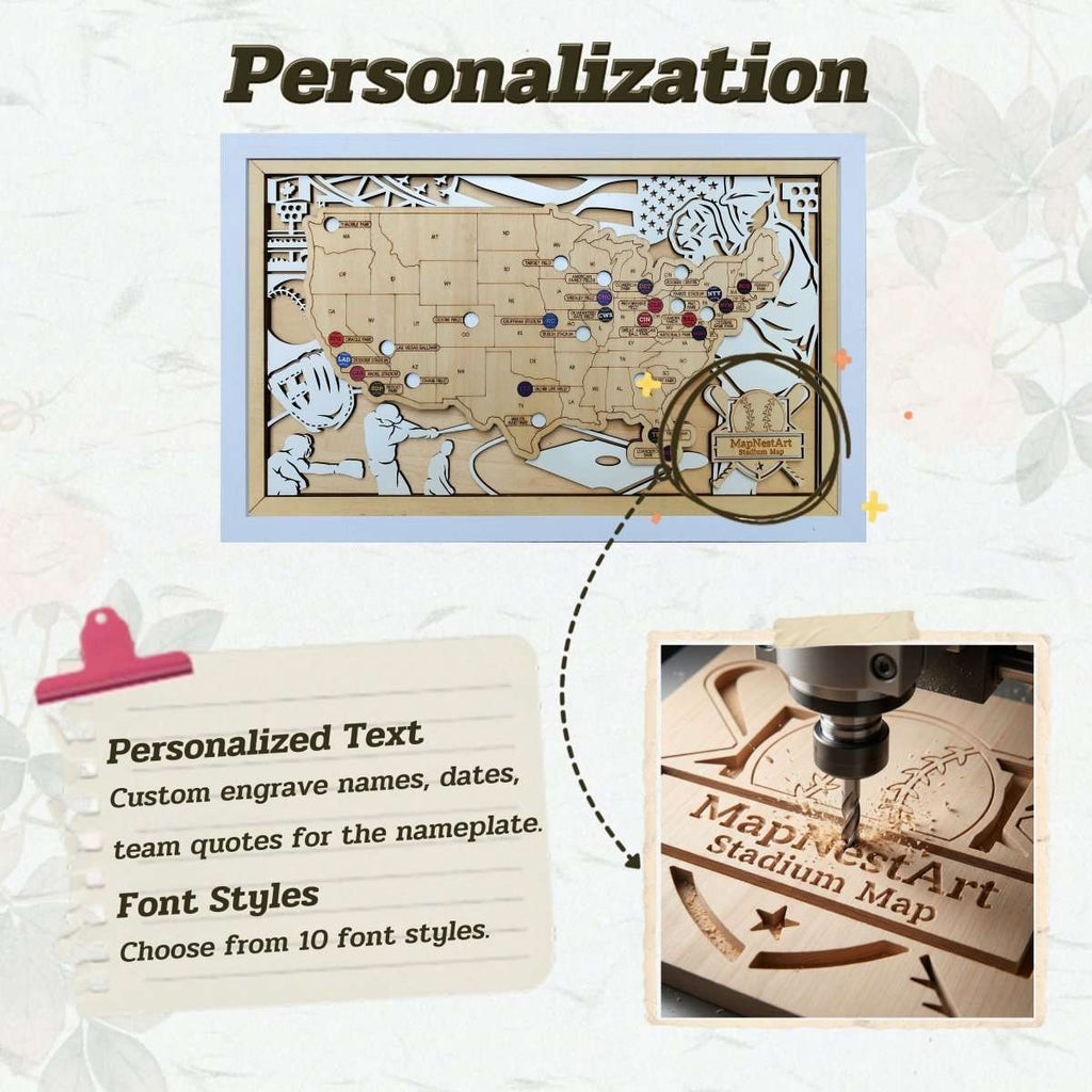 Personalized Wooden MLB Stadium Map with Engraved Nameplate & Colorful Team Pins - Mappae Pilot