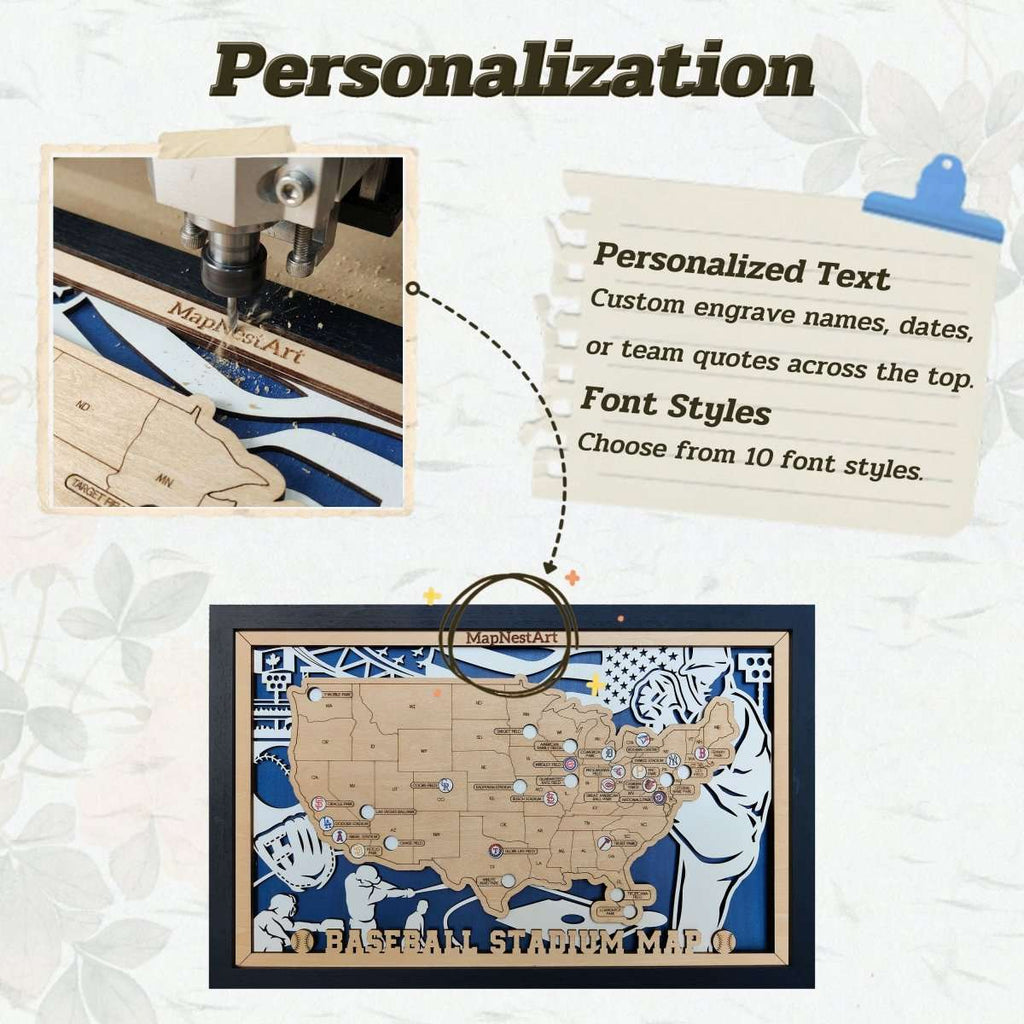 Custom Team Color Wooden MLB Stadium Map with Team Logo Pins - Mappae Pilot