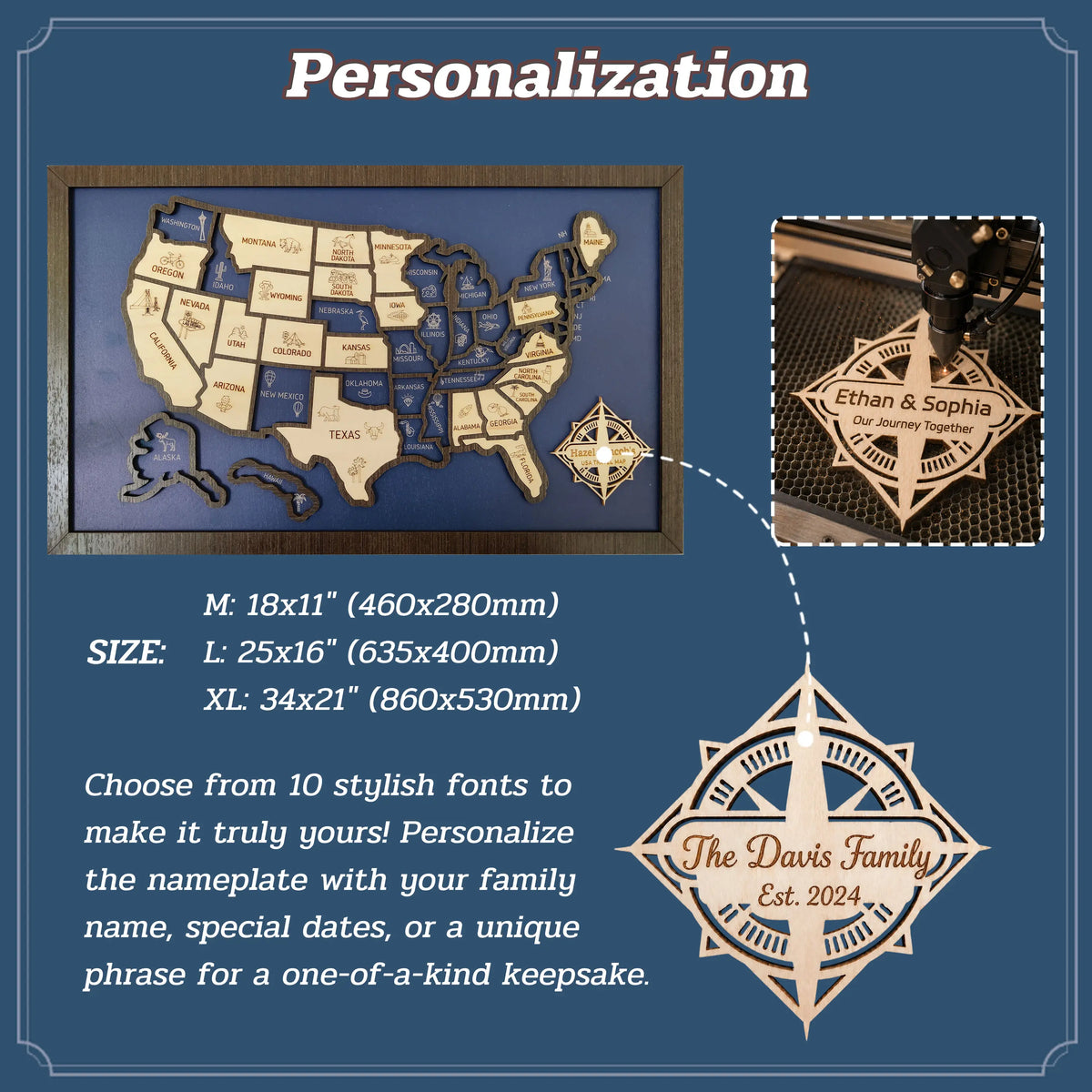 Personalized Wooden USA Travel Map Puzzle – 50 States Visited Tracker & Wall Art