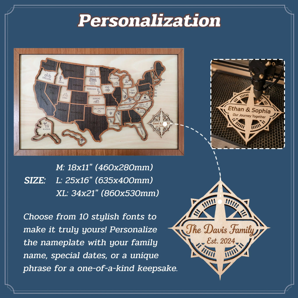 Custom Wooden US Map for States Visited – 50 States Travel Tracker Board & Puzzle