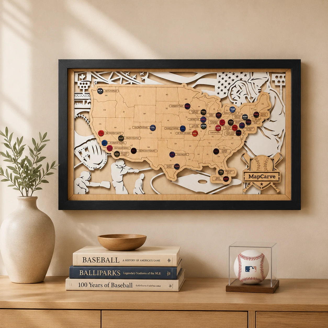 Personalized MLB Stadium Tracker Map with Team Pins