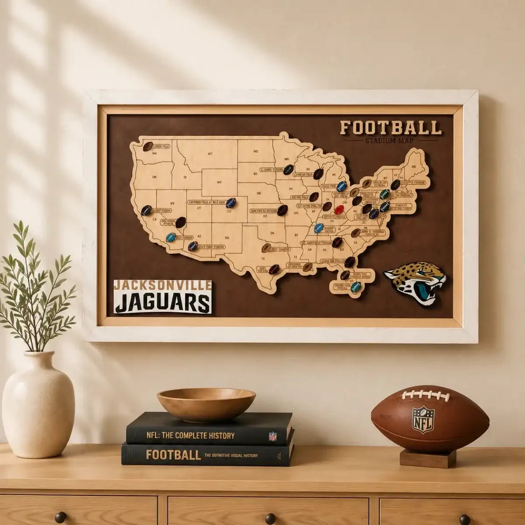 Personalized Brown Wooden NFL Stadium Map with Team Name Pins - Mappae Pilot
