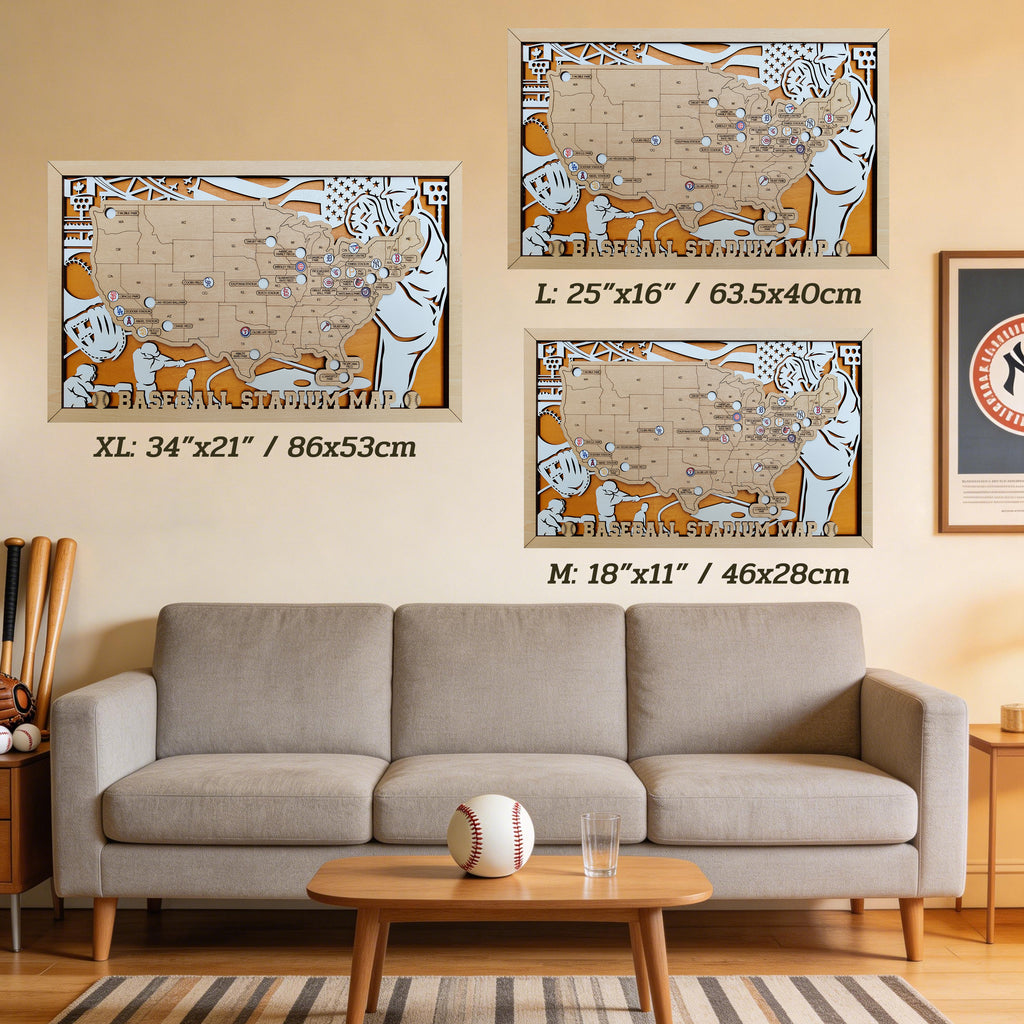 Custom Team Color Wooden MLB Stadium Map with Team Logo Pins