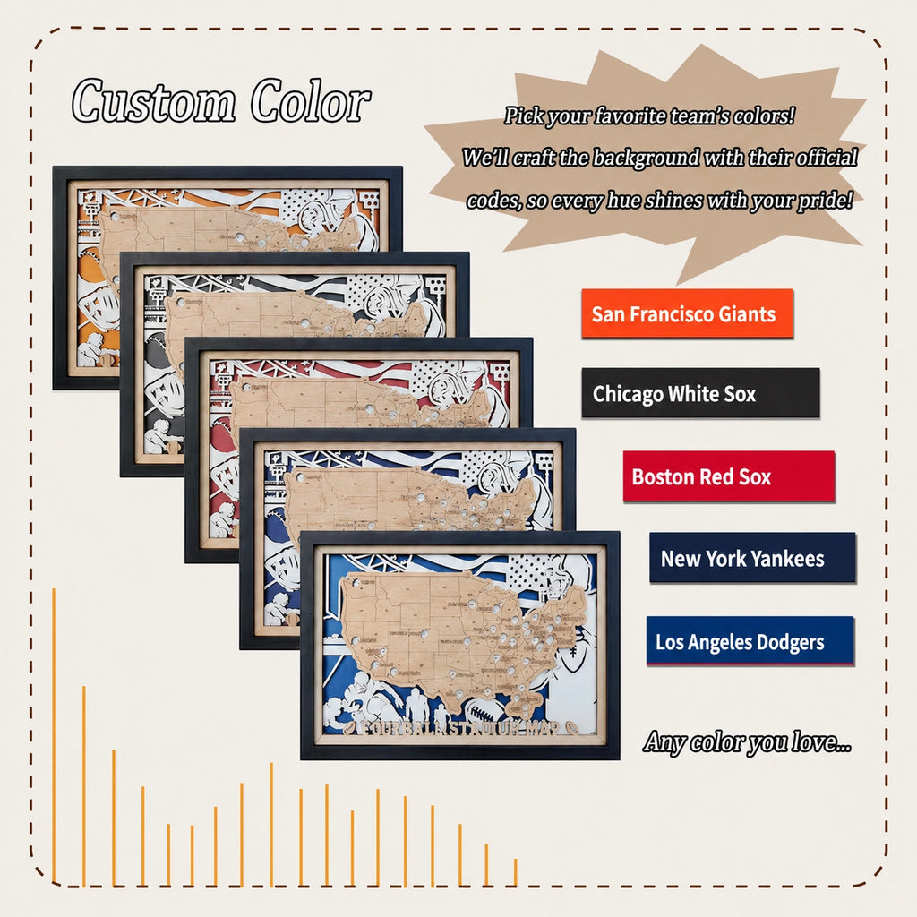Custom Team Color Wooden MLB Stadium Map with Team Logo Pins
