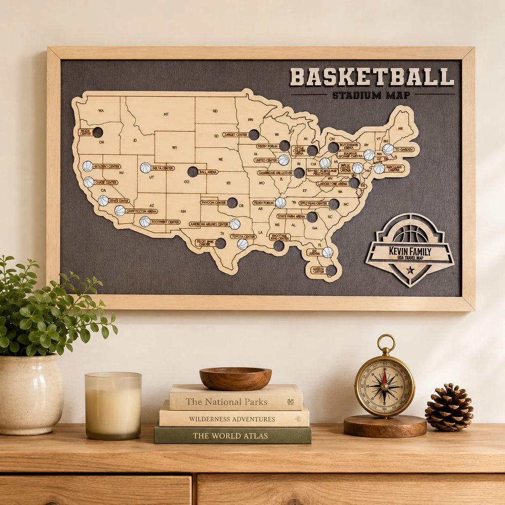 Personalized Basketball Arena Tracker Map – Vintage Brown Background
