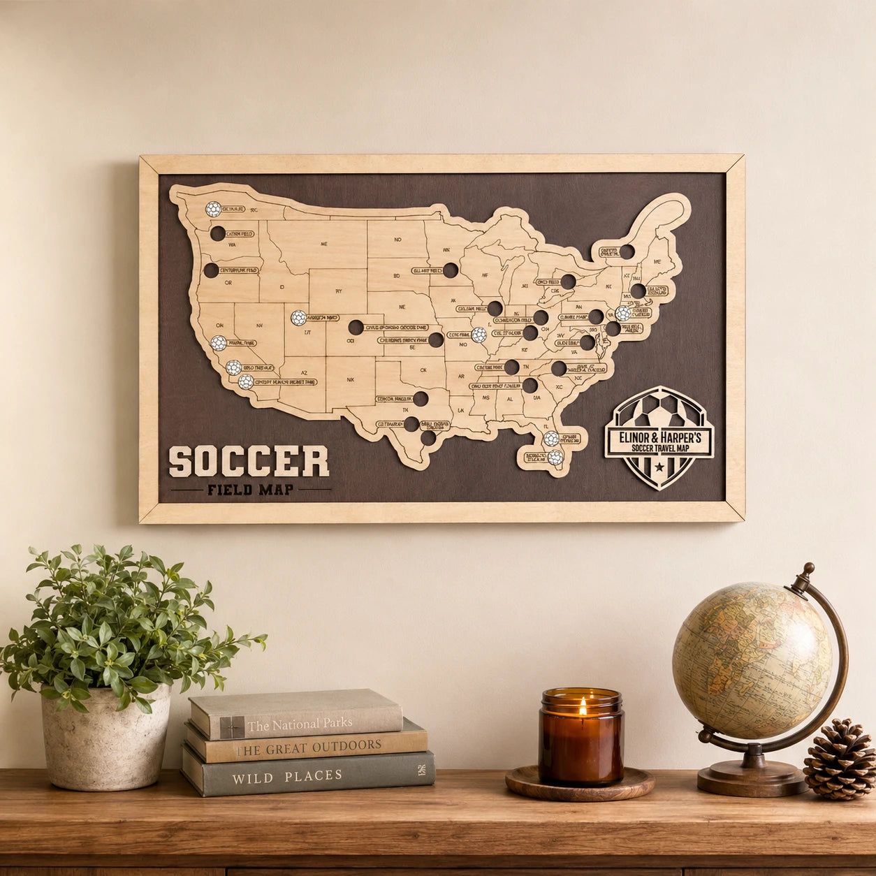 Personalized Soccer Stadium Tracker Map – Vintage Brown Background