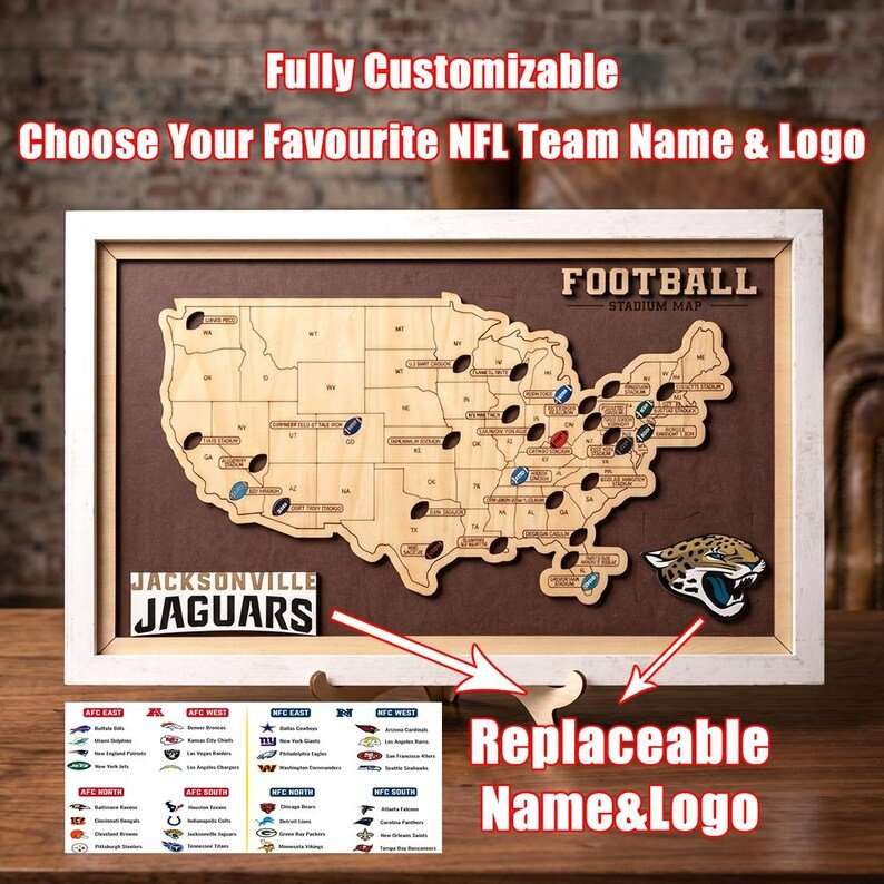 Personalized Brown Wooden NFL Stadium Map with Team Logo Pins - Mappae Pilot