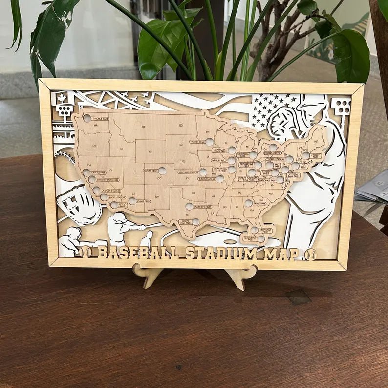 Personalized Wooden MLB Stadium Map with Baseball Pins - Mappae Pilot