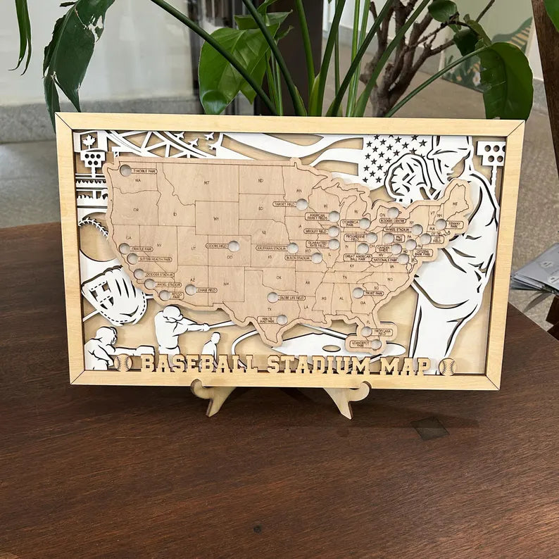 Baseball Stadium Map Tracker, Custom Wood Art