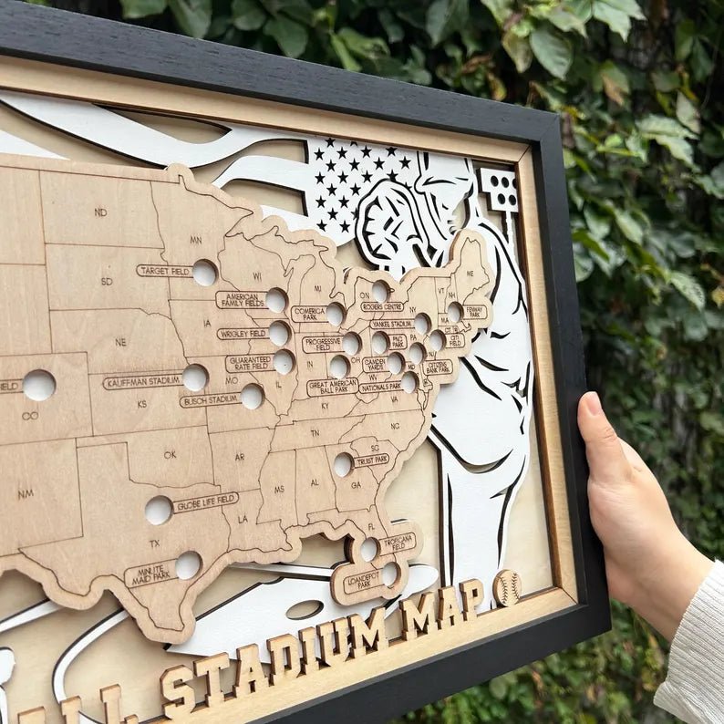 Personalized Wooden MLB Stadium Map with Baseball Pins - Mappae Pilot