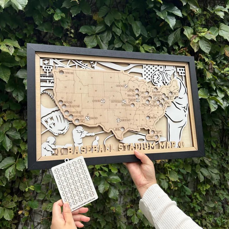 Personalized Wooden MLB Stadium Map with Baseball Pins - Mappae Pilot