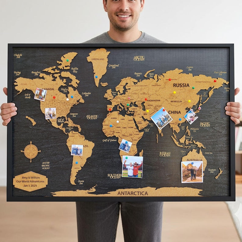 Wood World Map Push Pin World Map - Wedding Gift