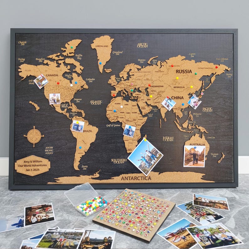 Wood World Map Push Pin World Map - Wedding Gift