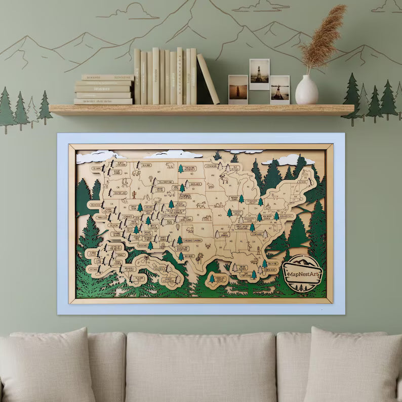 Wooden National Parks Map With Trees To Record Park Visits (Forest)