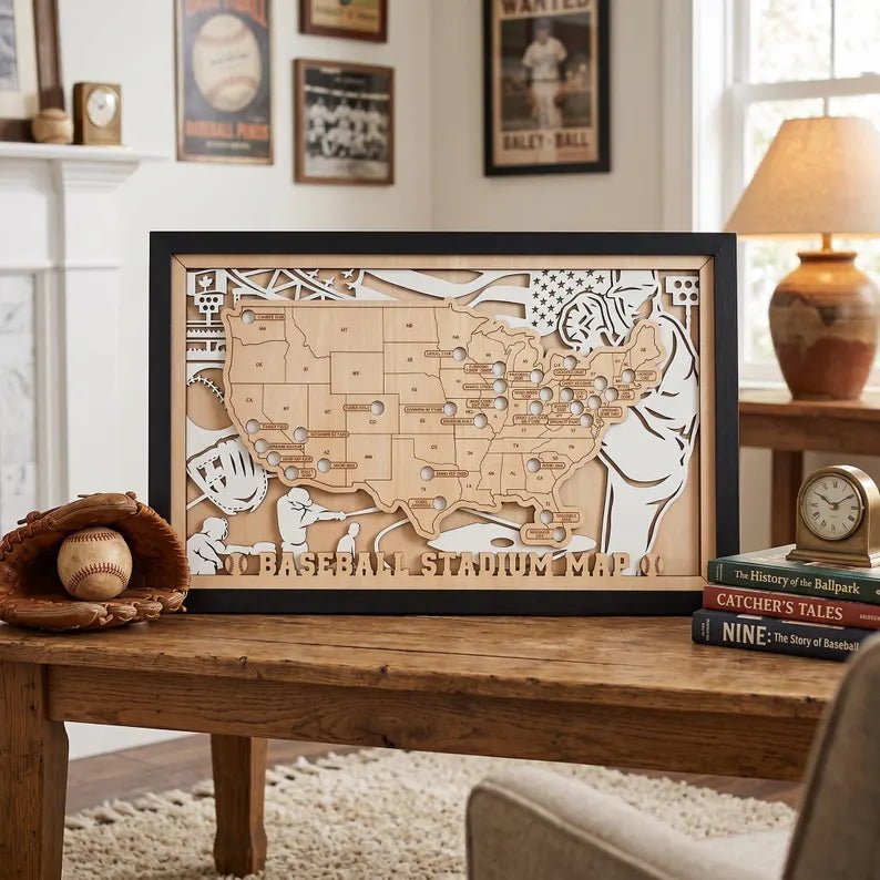 Personalized Wooden MLB Stadium Map with Baseball Pins - Mappae Pilot