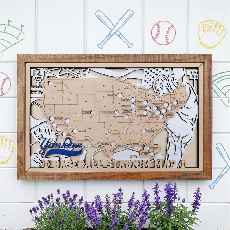 Personalized Wooden MLB Stadium Map with Baseball Pins - Mappae Pilot