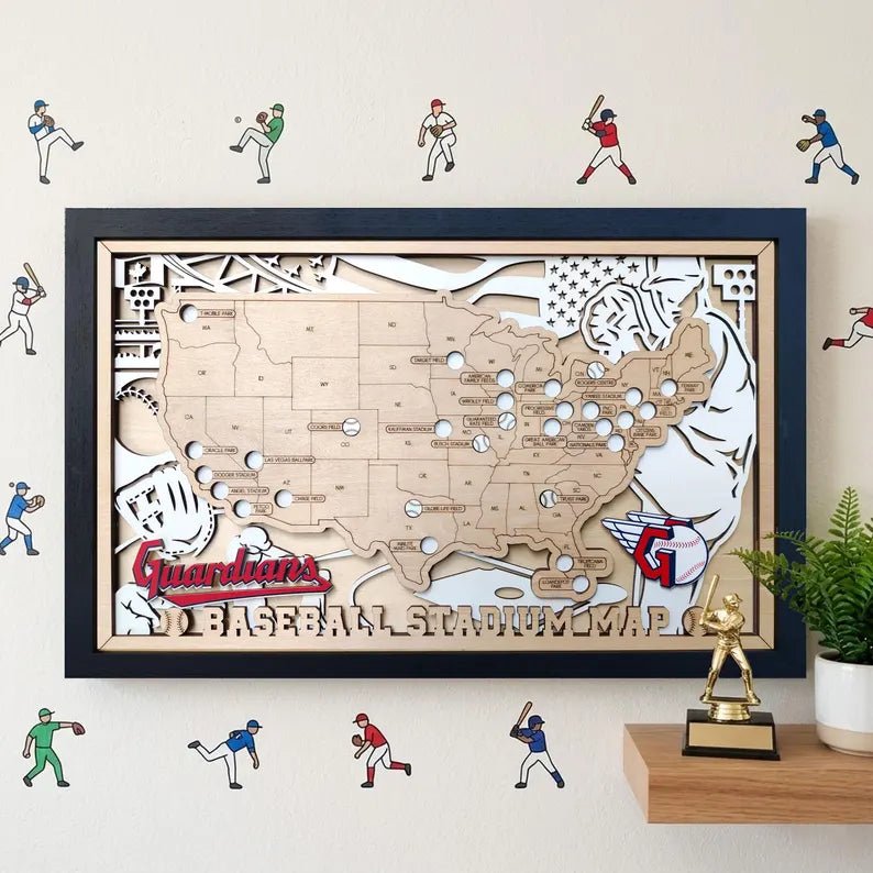 Personalized Wooden MLB Stadium Map with Baseball Pins - Mappae Pilot