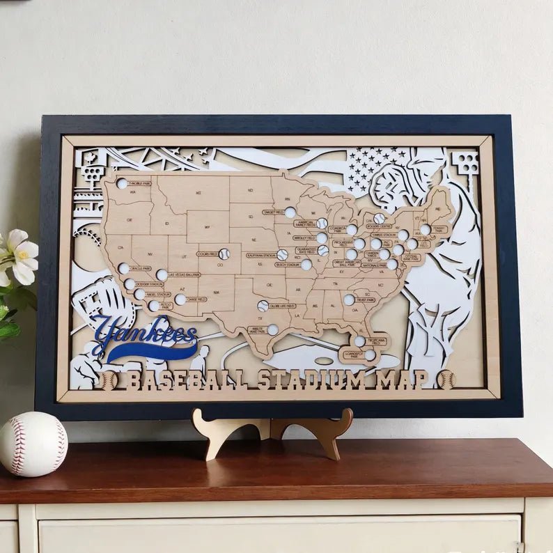 Personalized Wooden MLB Stadium Map with Baseball Pins - Mappae Pilot