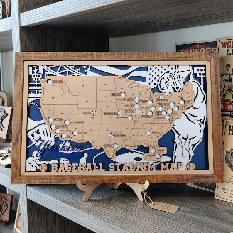 Custom Team Color Wooden MLB Stadium Map with Classic Baseball Pins
