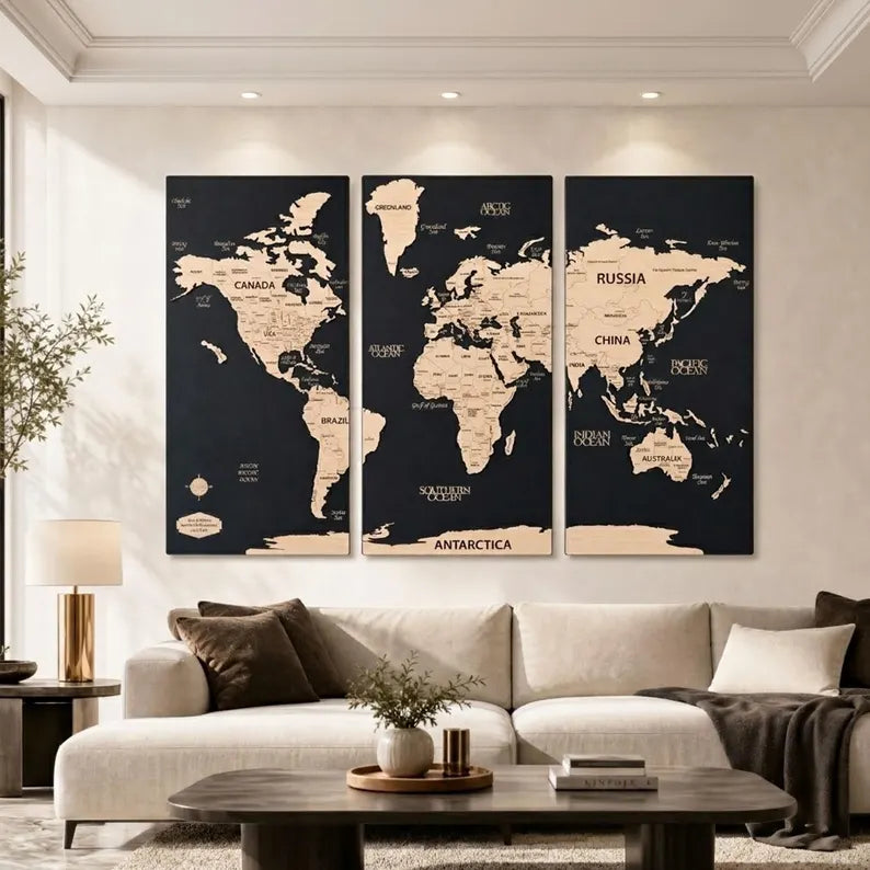 3D Wooden Triptych World Map Wall Art