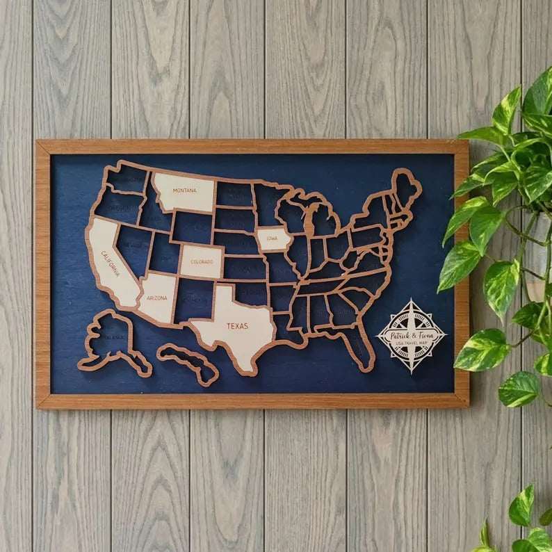 50 States Puzzle Map - Laser Cut Wooden USA Travel Tracker