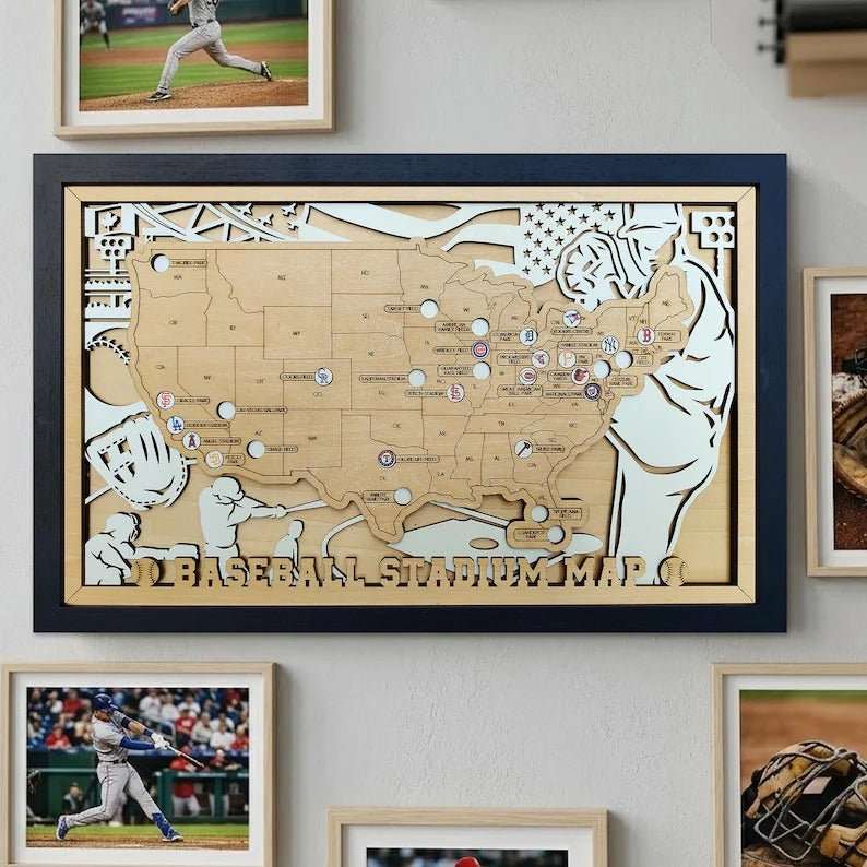Personalized Wooden MLB Stadium Map with Colorful MLB Team Logo Pins - Mappae Pilot