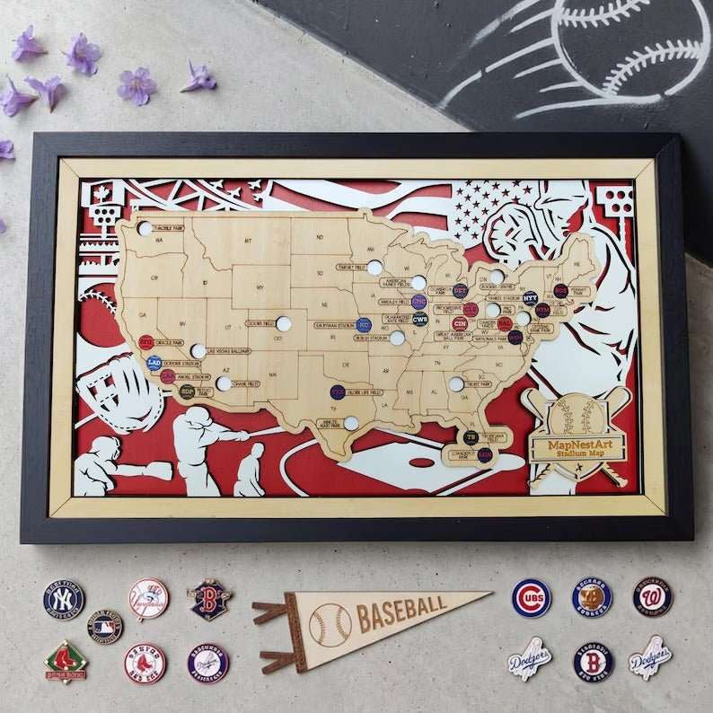 Custom Color MLB Stadium Map with Nameplate & Team Pins - Mappae Pilot