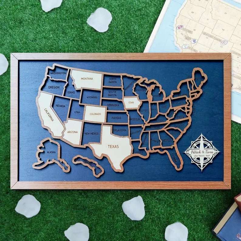 Personalized 50 States USA Travel Map - Custom Color Backboard - Mappae Pilot