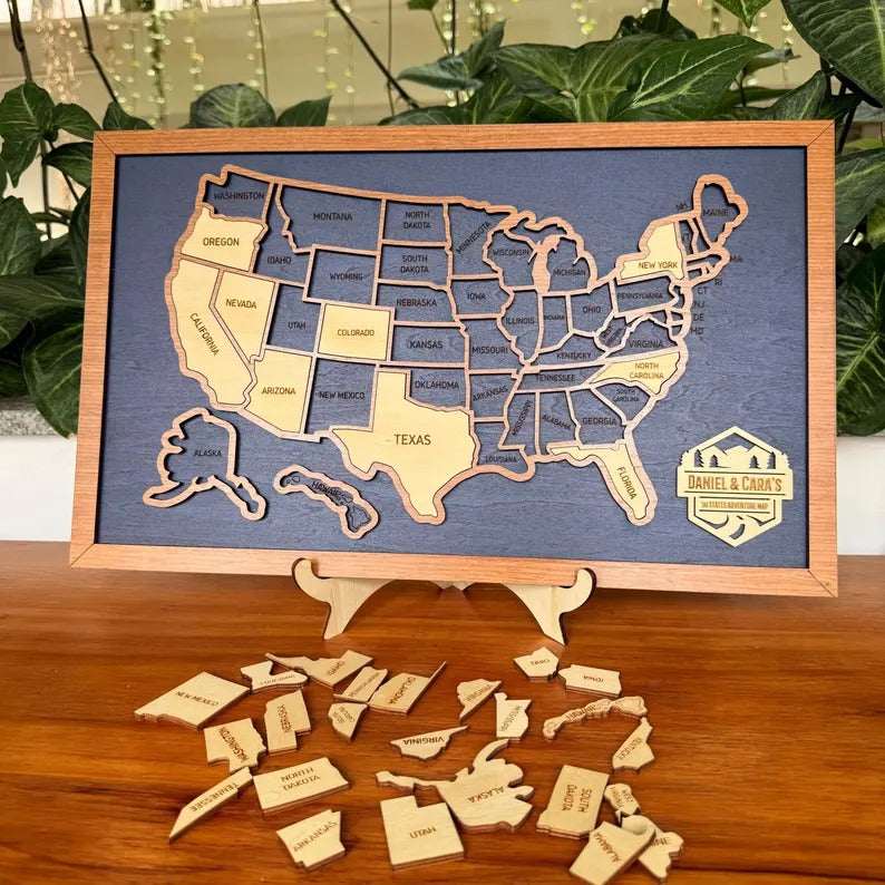 50 States Puzzle Map - Laser Cut Wooden USA Travel Tracker