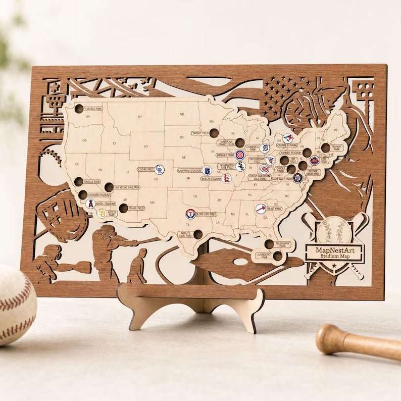 3D Cutout Wooden MLB Stadium Map with Engraved Nameplate & Team Logo Pins - Mappae Pilot