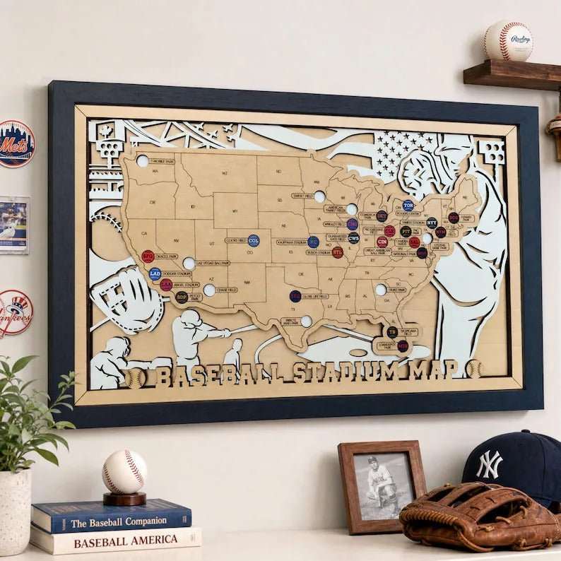 Personalized Wooden MLB Stadium Map with Colorful MLB Team Pins - Mappae Pilot