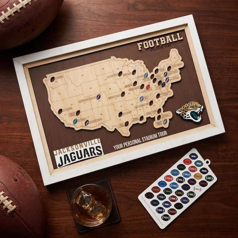 Personalized Brown Wooden NFL Stadium Map with Team Name Pins - Mappae Pilot