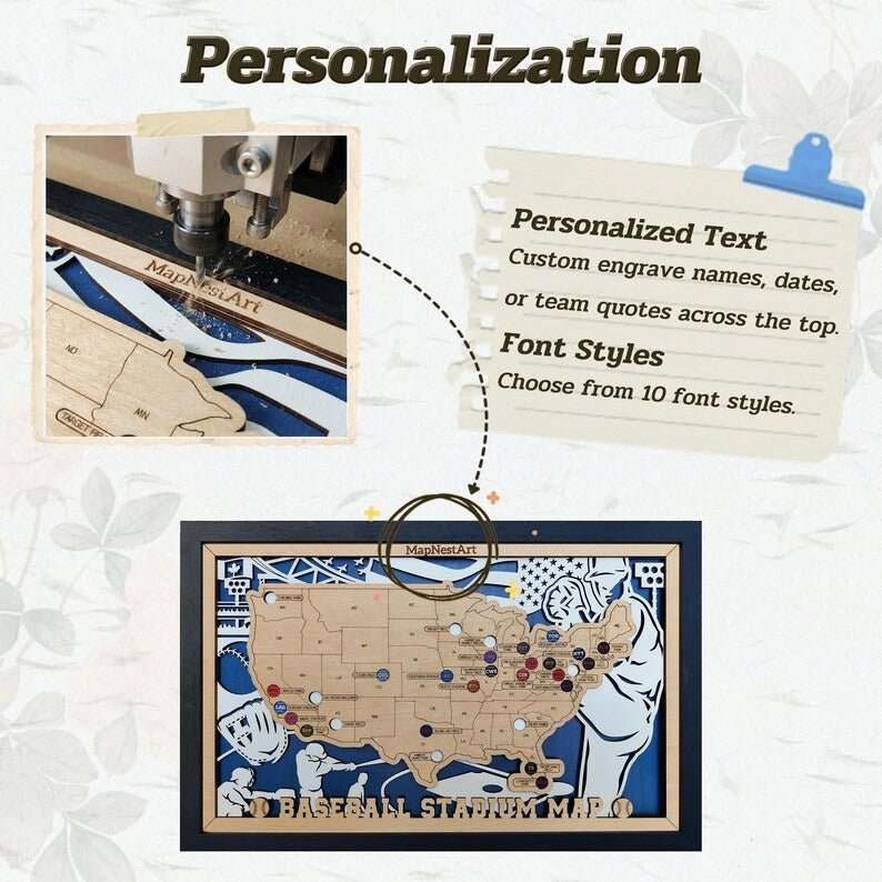 Custom Team Color Wooden MLB Stadium Map with Team Pins - Mappae Pilot