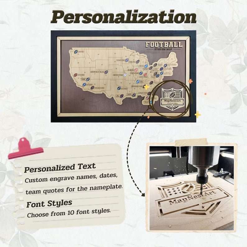 Personalized Brown Wooden NFL Stadium Map with Team Logo Pins - Mappae Pilot