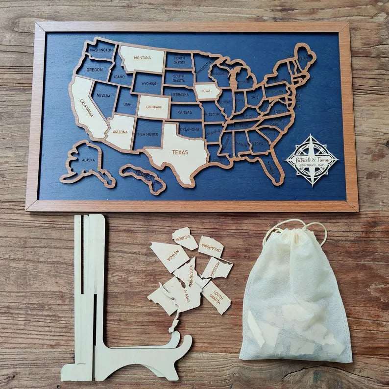 50 States Puzzle Map - Laser Cut Wooden USA Travel Tracker