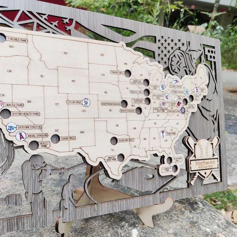 3D Cutout Wooden MLB Stadium Map with Engraved Nameplate & Team Logo Pins - Mappae Pilot